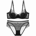 Elegant black lace lingerie set with floral embroidery and supportive underwired bra - Black / 70B