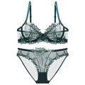Ensemble de lingerie en tulle vert avec broderie florale et soutien-gorge - Vert