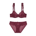 Elegant burgundy lace lingerie set featuring sheer mesh bra and matching bow panties - 70A / Burgundy