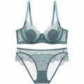 Lace bra set with floral embroidery and adjustable straps in dusty blue finish - Gray Blue / 70C