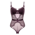 Close-up of dark purple lace bodysuit featuring sheer mesh panels and bow details - Purple