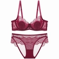Breathable burgundy floral lace lingerie set with underwire bra and matching panties - 70A / Burgundy