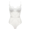Dettaglio di bodysuit in pizzo bianco con coppe strutturate e inserti in rete - Bianco / 85D