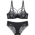 Sexy black lace lingerie set with unlined push-up bra and matching eyelash lace panties - Black