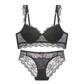 Elegante conjunto de lencería de encaje negro con motivos florales y lazos - 70A / Negro
