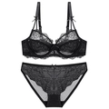 Conjunto de lencería de encaje floral negro con sujetador de malla y braguita a juego en blanco - 70B / Negro