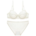 Elegant white floral lace lingerie set with semi-cup bra and matching panty on white background - 70A / Top And Bottom / Off White