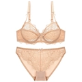 Conjunto de lencería de encaje y malla transpirable en color nude con detalles florales - 70A / Color Piel