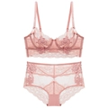 Ensemble de lingerie en dentelle rose-orange avec broderie de roses sur le soutien-gorge - 70B / Rose