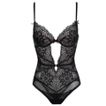 Elegante body in pizzo nero con motivi floreali all'uncinetto e spalline sottili - Nero