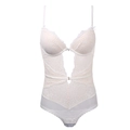 Elegante body in pizzo bianco con inserti in mesh trasparente e ricami floreali - 80C / Rosa Riso