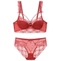 Completo intimo in pizzo rosso con reggiseno push-up con ferretto e slip a vita alta abbinati - 70A / Carminio