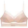 Beigefarbener Spitzen-Bralette mit Dreieckskörbchen und Mesh-Punkten auf weißem Grund - S / Nude