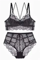 Set di lingerie in pizzo nero con motivi floreali e dettagli in rete velata - 70B / Nero