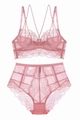 Dettaglio del set di lingerie in pizzo rosa con reggiseno floreale e slip a vita alta - 70B / Rosa