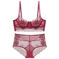 Ensemble lingerie en dentelle rouge foncé avec broderie florale et soutien-gorge armatures - 70B / Bordeaux