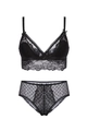 Dettaglio del set di lingerie in pizzo nero con tessuto a rete e piccoli fiocchi - S / Nero