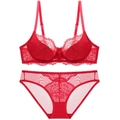 Elegantes rotes Spitzen-Lingerie-Set mit dünnen Baumwollkörbchen und Mesh-Slip - Rot / 70C