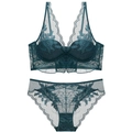 Elegant dark cyan lace bra and panty set with floral embroidery on white background - Green / 70C