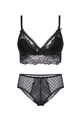 Detail von schwarzem Spitzen-Bralette-Set mit eleganten Schleifen und Blumenmuster - S / Schwarz