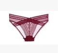 Burgundy women's lace briefs with V-cut cross waist and floral mesh details - Burgundy