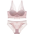 Lace bralette and panty set in mauve with vintage floral embroidery and mesh details - Pink / 80C