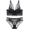 Elegant black floral lace lingerie set with sheer mesh bra and matching panty - 70B / Black