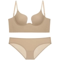 Seamless deep V-neck bra and panty set in beige with U-shaped backless design - 70A / Top And Bottom / Nude