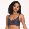 Vista frontale dettagliata del reggiseno grigio scuro senza cuciture e senza ferretto - Taglia S / Nero
