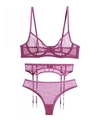 Dettaglio del set lingerie in mesh viola con reggiseno a ferretto e reggicalze coordinato - S / Viola