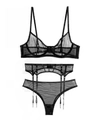 Dettaglio del set di lingerie in rete nera con trama a righe verticali e reggicalze incluso - S / Nero