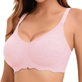 Pink seamless wireless bra with leaf jacquard pattern and scalloped edges for women - Pink