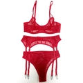 Detailed flat lay of red sheer mesh lingerie set including bra, garter belt and thong - Red