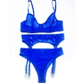 Detailed flat lay of cobalt blue mesh lingerie set with bra, garter belt and thong - Blue