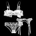 Completo intimo 3 pezzi in pizzo bianco con ricami floreali, slip e reggicalze abbinato - Bianco