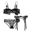 Set lingerie tre pezzi in pizzo nero con reggiseno push-up e reggicalze abbinato - Nero