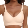Seamless wireless bra in beige featuring deep V-neck and supportive wide straps - S / Nude