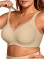 Women's seamless wire-free V-mesh comfort bra in nude with wide supportive straps - Semolina