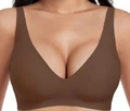 Seamless V-neck wireless bra with wide straps in chocolate brown for women - Brown