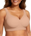 Seamless plus size wireless bra in beige featuring wide straps and V-neck design - S / Honey Color