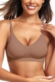 Seamless brown V-neck bra with thin straps and buttery soft support for women - Coffee