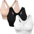 Three-pack sports bra set with front zipper racerback in beige, black and white - L / Black Beige and White