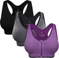 Three-pack sports bras with front zipper and racerback in black, grey, and purple - L / Black Gray and Purple