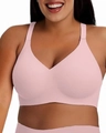 Seamless light pink deep V-neck wireless bra with wide shoulder straps for comfort - Pink