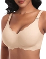 Wireless beige scalloped edge bra with floral jacquard texture and seamless design - 2XL / Nude