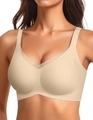 Seamless full coverage nude wireless bra with mesh detail and wide straps for support - S / Semolina