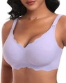 Lavender wireless scalloped bra with floral texture and seamless edges on model - Purple