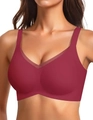 Burgundy seamless wireless bra with sheer mesh trim and wide shoulder straps - Burgundy