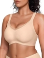 Seamless wire-free push-up bra in beige featuring a V-neck mesh detail for women - Warm Sand