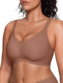 Seamless brown wireless bra with wide straps and mesh cross back support for women - Brown